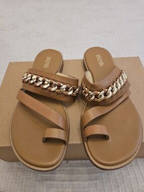 Michael Kors Brown Leather Slide Sandals with Gold Chain Detail